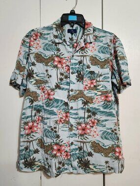 George Men's M Medium Blue Hawaiian Shirt Hibiscus Tropical Palm Tree Wave Rayon